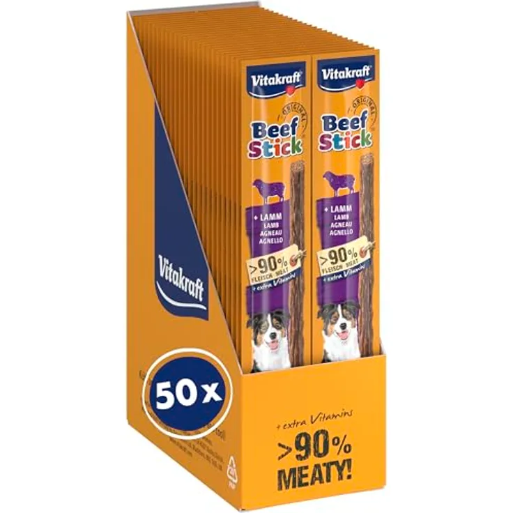 Vitakraft Beef Stick Original, Hundesnack mit über 90% Fleischanteil,糖freie Trainingsleckerlis, 50x 12g