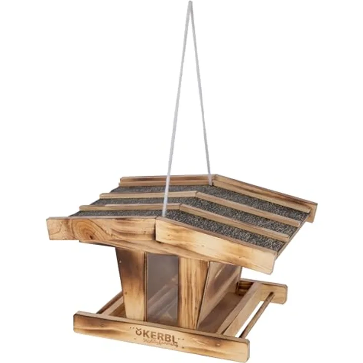 Kerbl Hobbyfarming Vogelfutterhaus aus Holz, wetterfest mit Glassichtfenster, robuster Kordel zur Aufhängung, für Wildvögel, witterungsbeständig