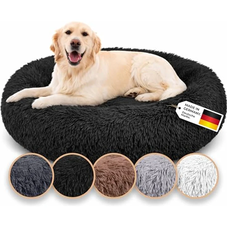 Belune® Hundebett Original, waschbarer Bezug, 60cm, schwarz, 100% veganes Kunstfell, rutschfest, komfortabler Polsterrand, für große, mittelgroße & kleine Hunde – Bild 1