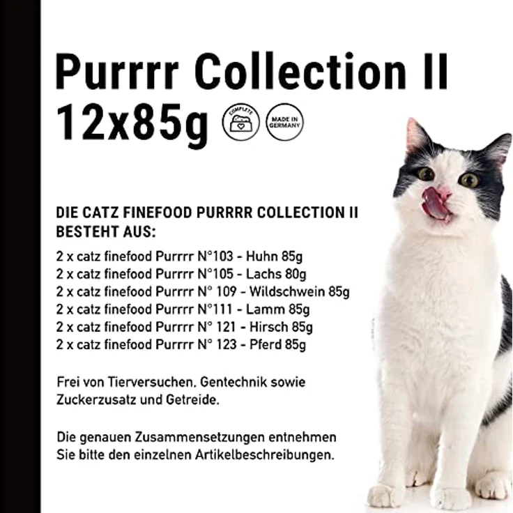 catz finefood Purrrr Collection II, Monoprotein Katzen-Nassfutter, getreidefrei, zuckerfrei, hypoallergen, hoher Fleischanteil, Multipack 12 x 80g-85g – Bild 4
