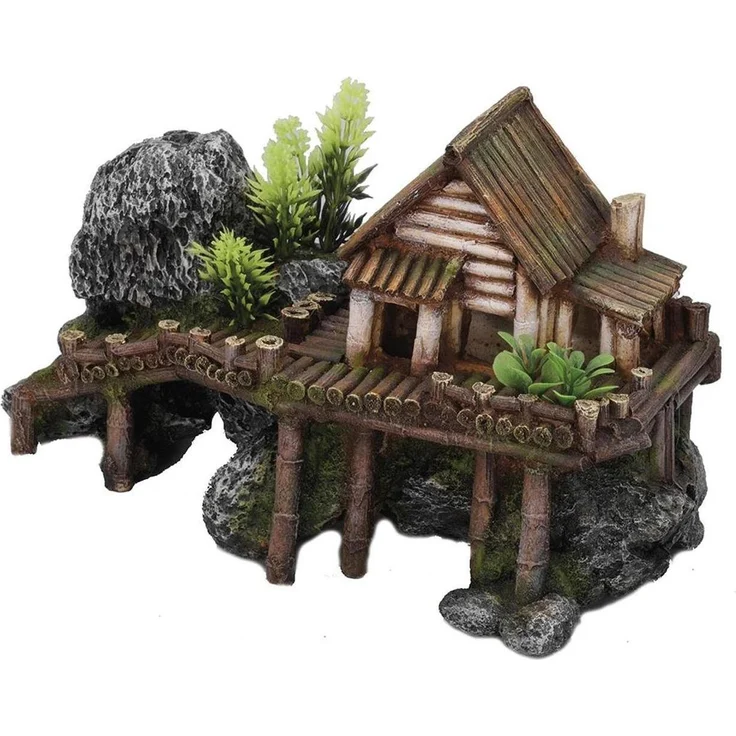 EBI Aqua Della Wooden House mit Plants, Aquarium Dekoration aus Polyesterharz, 17 cm hoch, braun