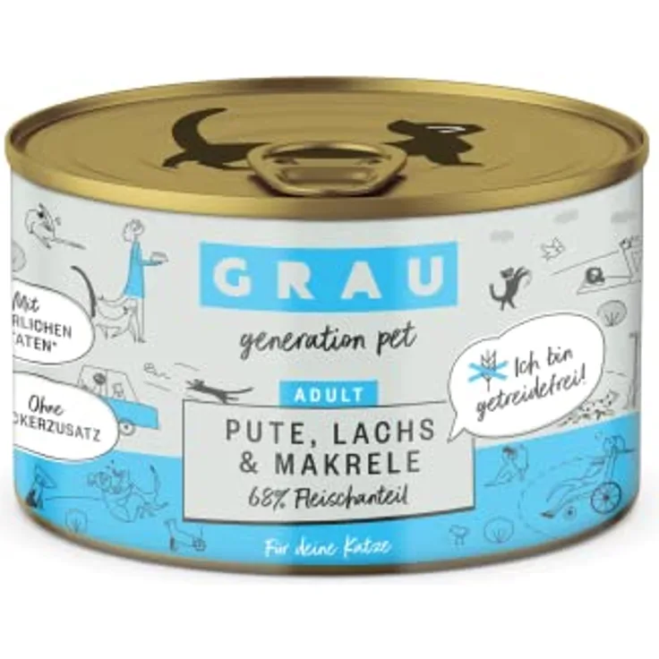 GRAU Nassfutter für Katzen - Pute, Lachs, Makrele, 6er Pack (6 x 200 g), getreidefrei, reich an Omega-3- und Omega-6-Fettsäuren