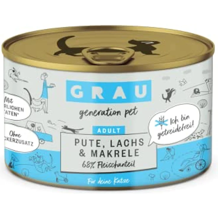 GRAU Nassfutter für Katzen - Pute, Lachs, Makrele, 6er Pack (6 x 200 g), getreidefrei, reich an Omega-3- und Omega-6-Fettsäuren – Bild 1