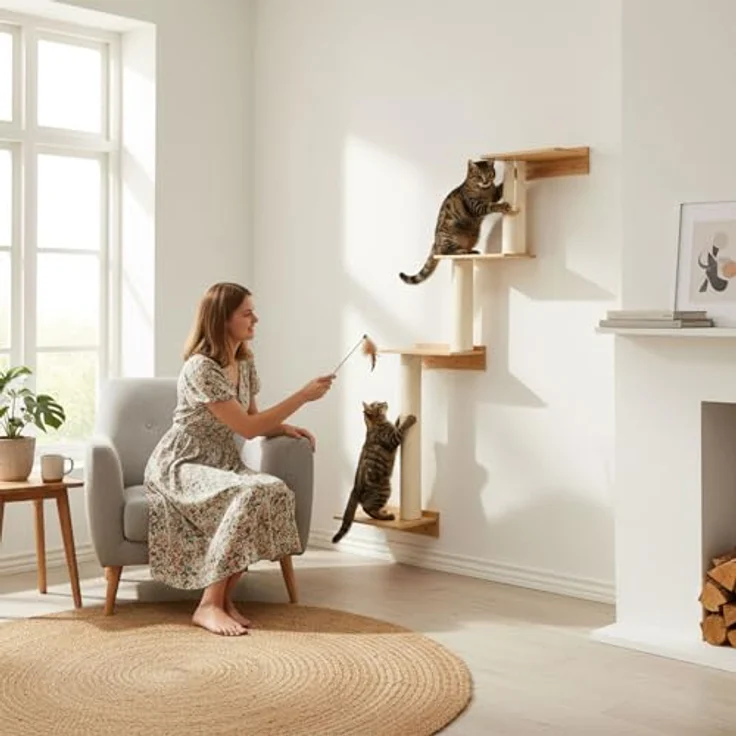Eyepower Milo, 143 cm Wandkratzbaum mit 4 Plateaus und Sisal-Kratzsäulen zur Wandmontage, modernes Design aus massivem Bambus – Bild 3