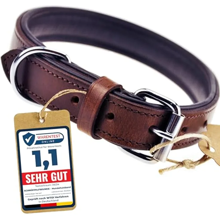 Schnüffelfreunde Hundehalsband aus Leder, handgenähtes und gepolstertes Halsband in Braun für kleine, mittlere und große Hunde (S - 24-30cm)