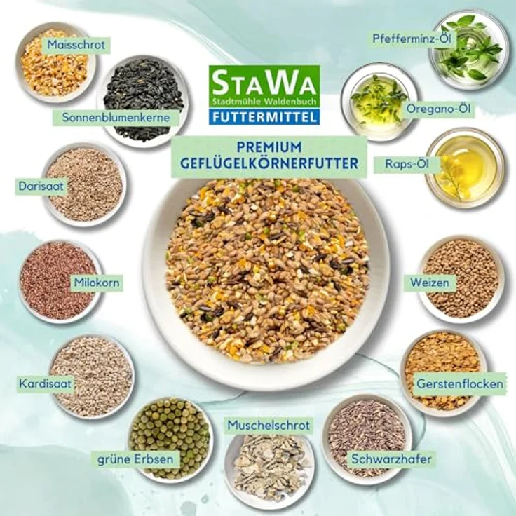 STAWA Premium Hühnerfutter, Geflügelkörnerfutter ohne Gentechnik, mit Oregano-Öl und Pfefferminz-Öl, 5 kg – Bild 3