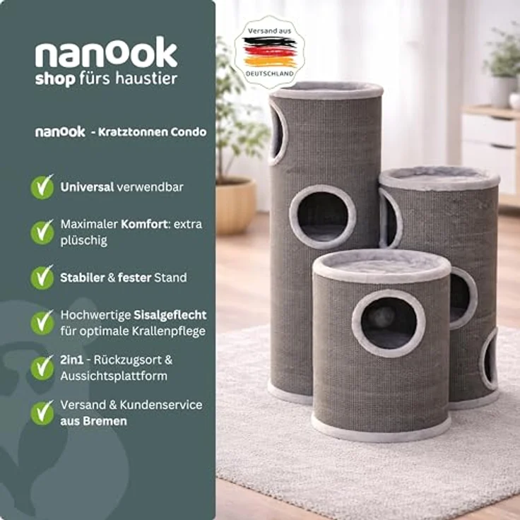 nanook Kratzbaum Kratztonne Condo - rundum Sisalgeflecht M 100 cm grau mit Spielball – Bild 6