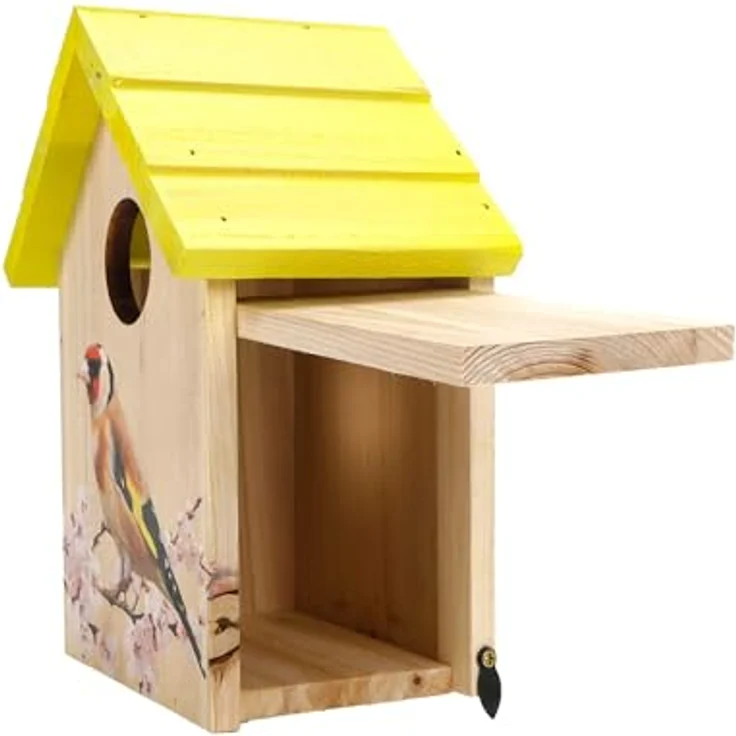 Bubble-Store Nistkasten Vogelhaus für Wildvögel, gelb mit Distelfink-Motiv, zum Hängen oder Stellen, FSC zertifiziertes Natur-Holz – Bild 3