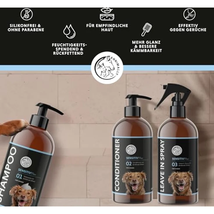 Annimally Sensitiv Plus Pflegeset, Natürliches Hundeshampoo, Conditioner & Leave-In Spray für sensible Hunde & Welpen, ph-neutral, ohne Silikone, Parabene & künstliche Duftstoffe, je 500 ml – Bild 3