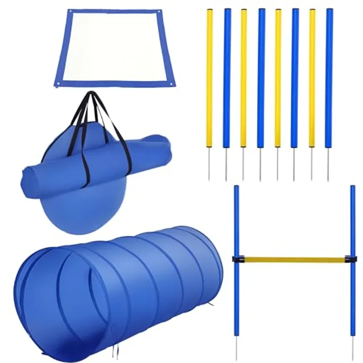 PawHut Agility-Übungs-Set, Slalom-Hürden-Tunnel für Hundesport, inkl. Tunnel, 8 Slalomstangen, justierbare Hürdenstange, blau-gelb, transportable Tragetasche