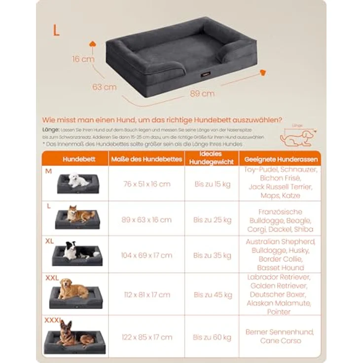 Feandrea Orthopädisches Hundebett PGW322GN01, L, Noppenschaumstoff, erhöhter Rand, abnehmbarer Bezug, waschbar, rutschfest, wasserabweisend, schiefergrau, 89 x 63 x 16 cm – Bild 5