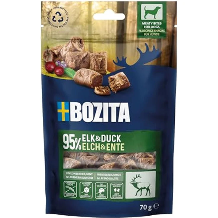Bozita Meaty Bites Elch und Ente, Getreidefreier Hundesnack, 70 g – Bild 1