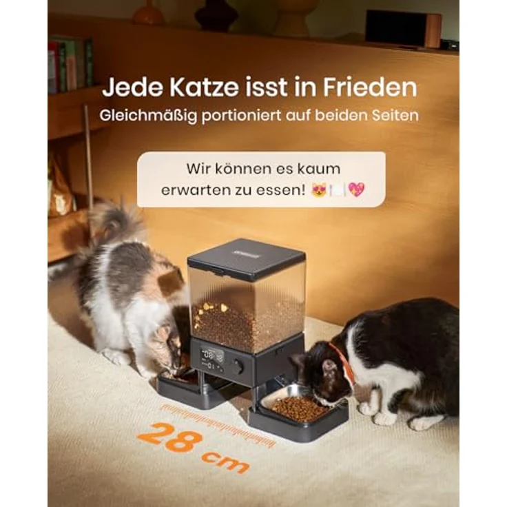 oneisall 5L Futterautomat für Katzen, Katzenfutterspender mit 2 Edelstahlnäpfen, Sprachaufnahme, Portionskontrolle und doppelte Stromversorgung – Bild 3