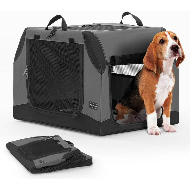 LuxusKollektion Hunde-Transportbox M, Faltbare Hundebox für Auto mit Reißverschluss und optimaler Belüftung, grau