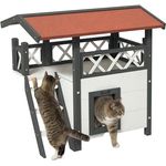 PawHut 2-stöckiges Katzenhaus mit Asphaltdach, Katzenvilla mit Balkon und Treppe, aus massivem Holz, Weiß, 77 x 50 x 73 cm