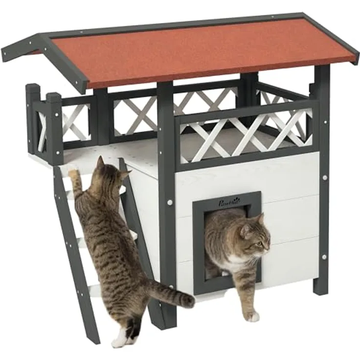 PawHut 2-stöckiges Katzenhaus mit Asphaltdach, Katzenvilla mit Balkon und Treppe, aus massivem Holz, Weiß, 77 x 50 x 73 cm
