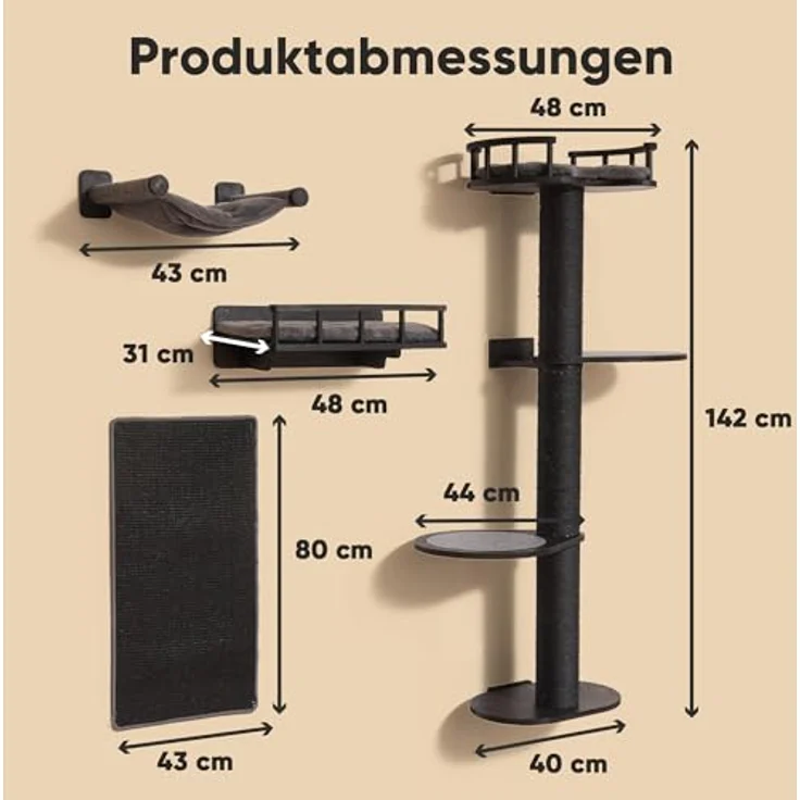 FUKUMARU Kletterwand Katzen-Set, 4 in 1 mit Hängematte, Kratzbaum, Wandregalen und Sisalmatte – Platzsparendes Wandmöbel für Katzen (Schwarz) – Bild 2