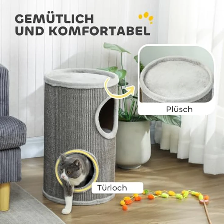 PawHut Kratztonne, 60 cm hoch Ø 35 cm, zweistöckig mit 2 Höhlen, Kratzbaum mit Plüschrand für 1-2 Katzen bis 5 kg, Hellgrau – Bild 5