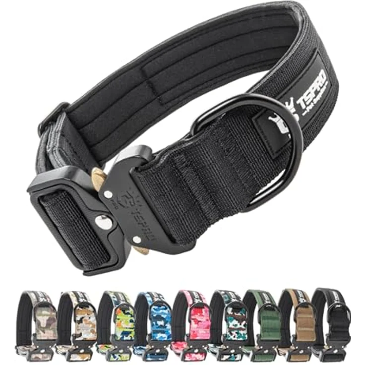 TSPRO Premium Hundehalsband, Dickes verstellbares taktisches Halsband mit Schnellverschluss Metallschnalle für mittelgroße bis große Hunde, Schwarz, Größe M – Bild 1