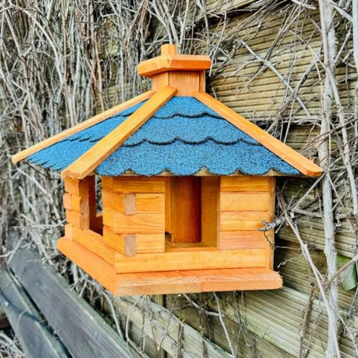 DARLUX XL Wand Vogelfutterhaus, handgefertigt aus wetterfestem Holz mit Bitumdach in Blau, inkl. Futterspender – Bild 2