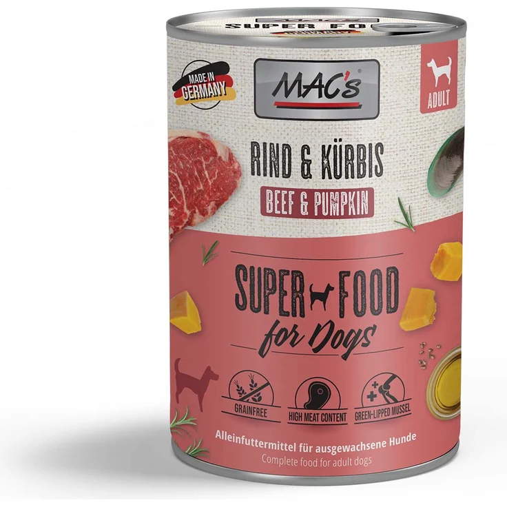 MAC's Dog Rind und Kürbis, Hunde-Nassfutter mit hohem Proteingehalt, 6x400g – Bild 1