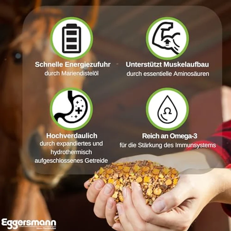 Eggersmann EMH High Energy Müsli für Sport- und Hochleistungspferde, Spezialmüsli mit Lysin, 20 kg Sack, hohe Verdaulichkeit, mit Omega-3-Fettsäuren, Deutsche Qualität – Bild 2
