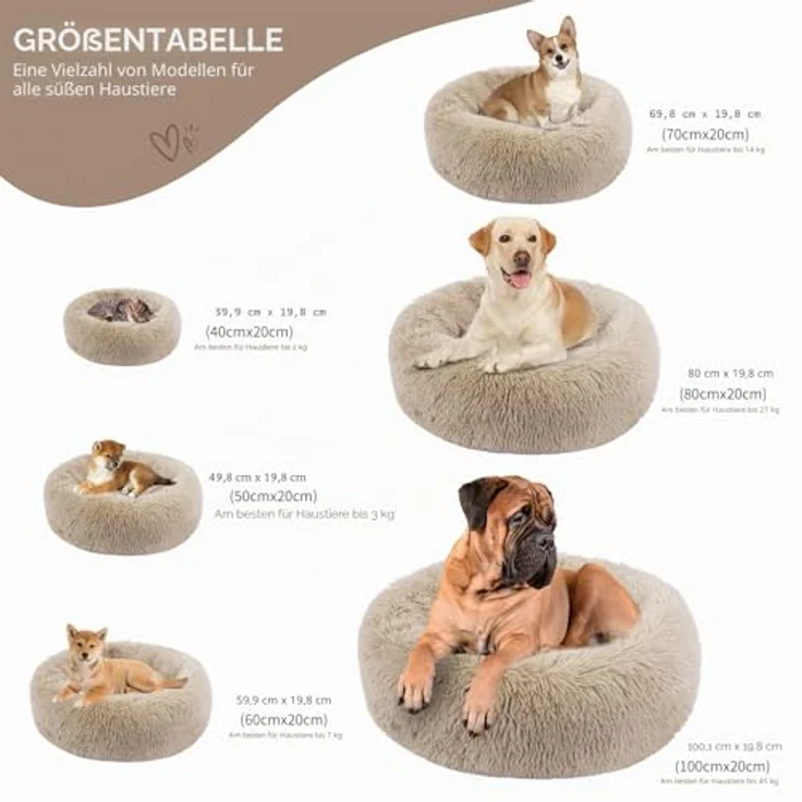 BVAGSS Hundebett Rund, Flauschiges Donut Kuschelkissen aus ultraweichem Plüsch, Waschbar, Durchmesser 80 cm, Hellbraun, für kleine und mittelgroße Hunde und Katzen – Bild 4