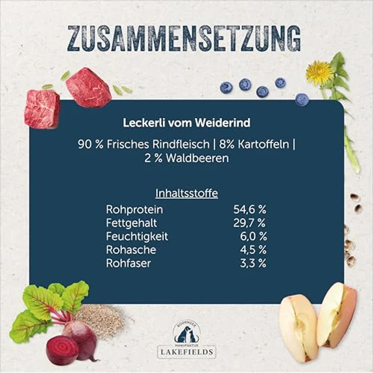 Lakefields Hundeleckerli, Trockenfleischwürfel vom Rind, 90% Rindfleisch, getreidefrei mit Kartoffeln & Waldbeeren, 50g, ohne Zusätze – Bild 4