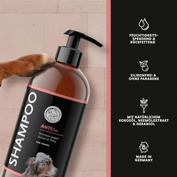 Annimally Anti Zecken und Flohshampoo für Hunde, Shampoo mit Neem-Extrakt, 500ml, effektiver Schutz gegen Zecken, Flöhe & Milben, pflegt Haut und Fell – Bild 2