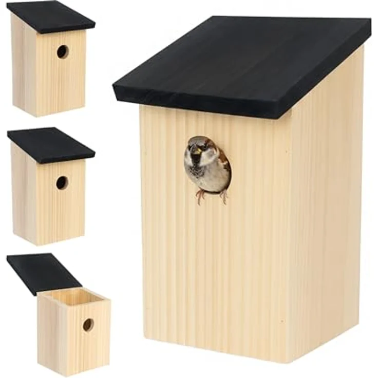 Relaxdays Nistkasten 4er Set, Vogelhäuschen für Spatzen & Meisen, 32 mm Einflugloch, mit Dachklappe, Natur/schwarz – Bild 1