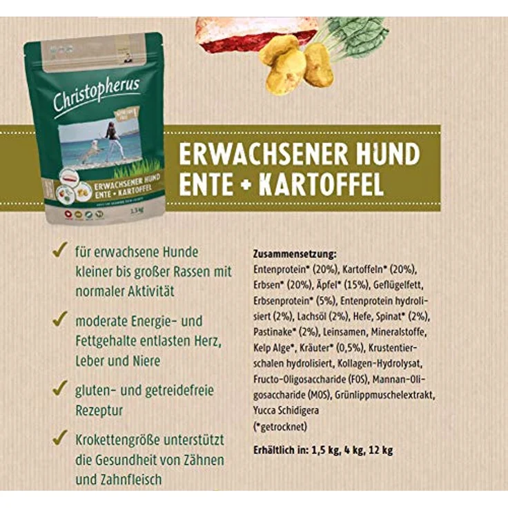 Christopherus Grainfree, Trockenfutter für ausgewachsene Hunde mit normaler Aktivität, Ente + Kartoffel, 12 kg, glutenfrei, Krokettengröße ca. 1 cm – Bild 3