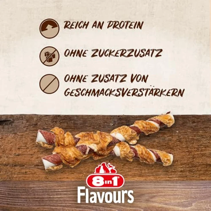 8in1 Triple Flavour Mega Twisted Sticks, große Kaustangen mit Hähnchenfilet, Schweine- und Rinderhaut, 140g Beutel (2 Stück) – Bild 4