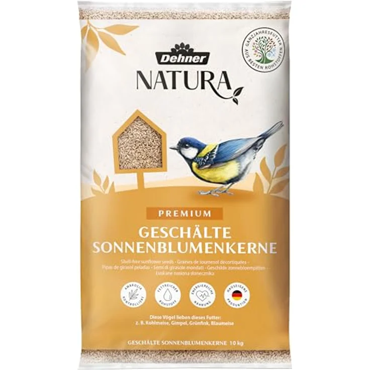 Dehner Natura Premium Wildvogelfutter, schalenfreie Sonnenblumenkerne, proteinreiches Ganzjahresfutter für Wildvögel, 10 kg – Bild 1