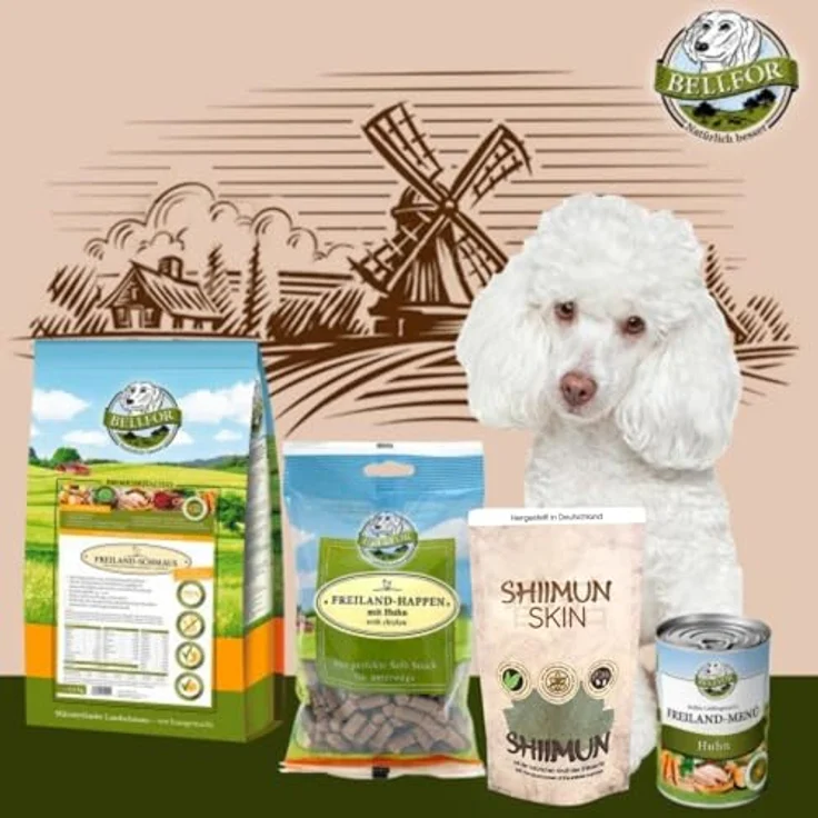 Bellfor Futterset für Pudel, Getreidefreies Nassfutter 400 g, Trockenfutter mit Huhn 2,5 kg, Soft-Snacks 200 g & Shiimun Skin Pulver 50 g zur Fellpflege – Bild 3