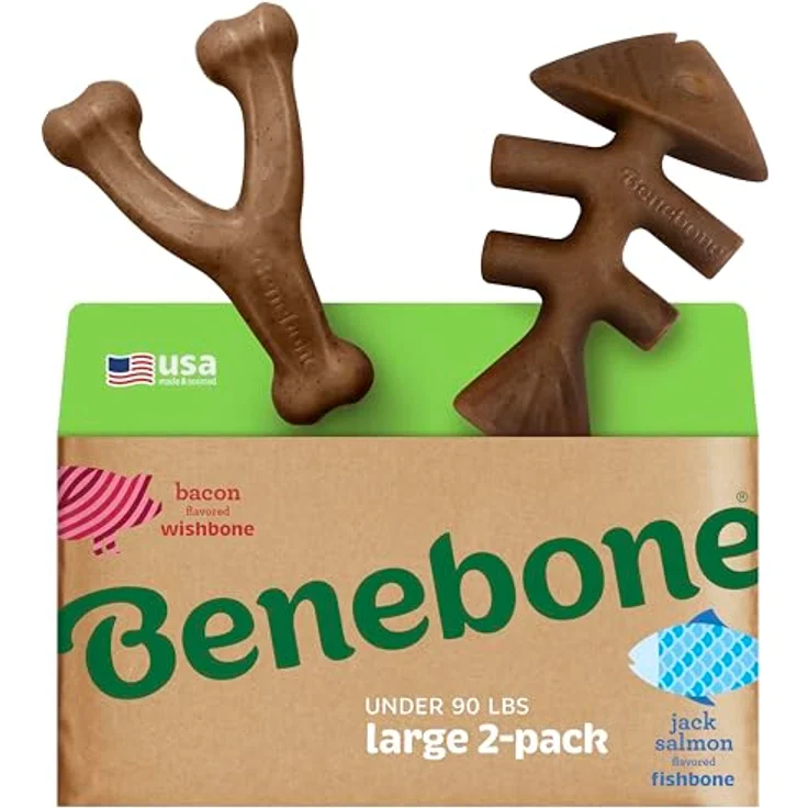 Benebone 2er Fishbone/Wishbone Kauspielzeug, Hundeknochen, L, mit echtem Speckgeschmack, robust und für Hunde hergestellt in den USA – Bild 1