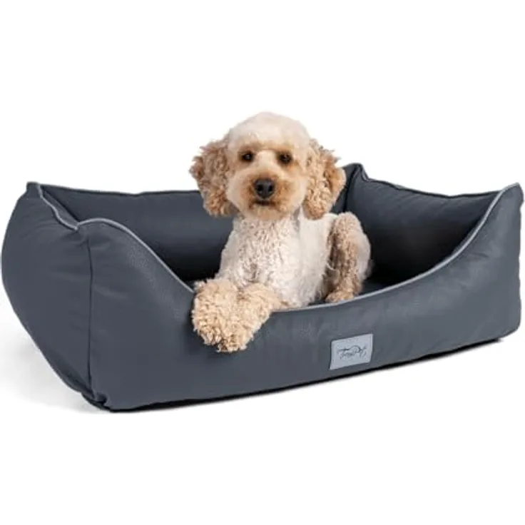 TrendPet Runa, Orthopädisches Kunstlederbett für Hunde mit Memoryfoam Matratze, modisch in Kupfer und Grau, 80x60x25 cm