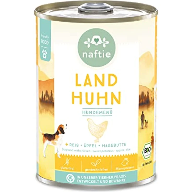 naftie Bio Hundefutter Land Huhn, Premium Nassfutter mit Huhn, Reis, Äpfeln und Hagebutten, glutenfrei, purinarm, 400 g Dose – Bild 1