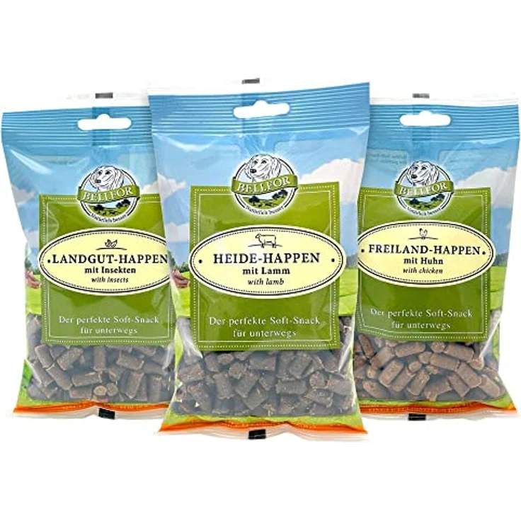Bellfor Soft-Happen, getreidefreier Soft-Snack für Hunde, hohe Verdaulichkeit, ohne tierische Nebenerzeugnisse, 200 g (Mix 3: Huhn, Lamm, Insekten) – Bild 1
