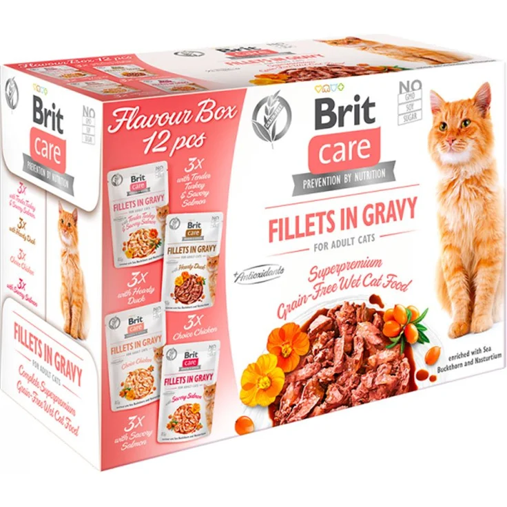 Brit Care Cat Flavour Box, Nassfutter für Katzen mit 12 x 85g Filets in Soße, verschiedene Sorten (Pute, Lachs, Ente, Hühnchen)