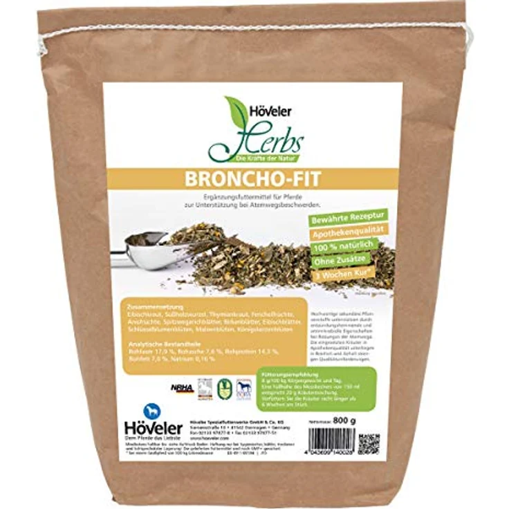 Höveler Broncho-Fit, Pferdefutter zur Unterstützung bei Atemwegsbeschwerden, 800g, schleimlösend, 3-wöchige Kur – Bild 1