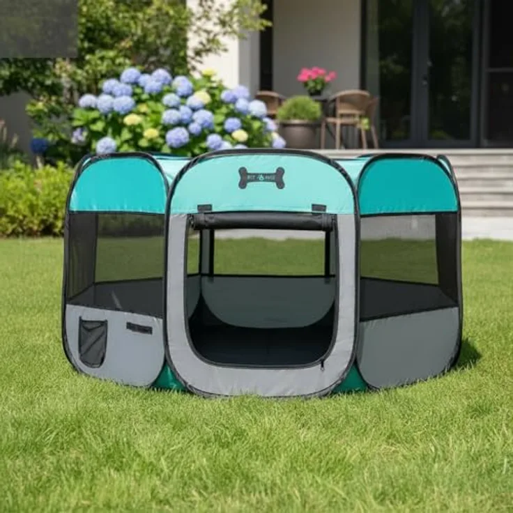 Mucola Welpenlaufstall faltbar, mobiler Welpenauslauf 125x125x64 cm mit Pop-Up-System, Netzabdeckung & Tragetasche, 600D Oxford wasserdicht, leicht & stabil für Indoor/Outdoor