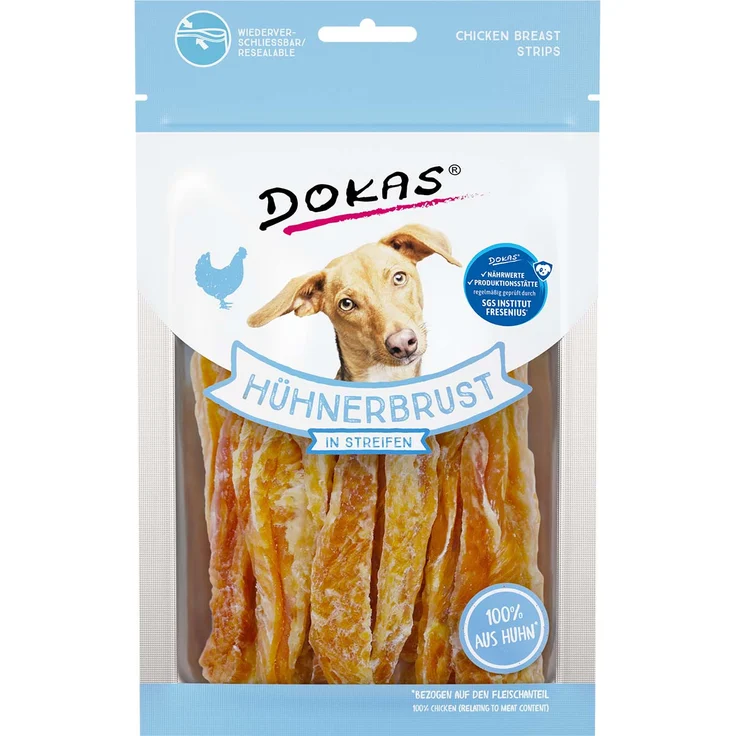 Dokas Hundesnack Hühnerbrust in Streifen, 70 g, ohne Konservierungsmittel, für alle Lebensphasen
