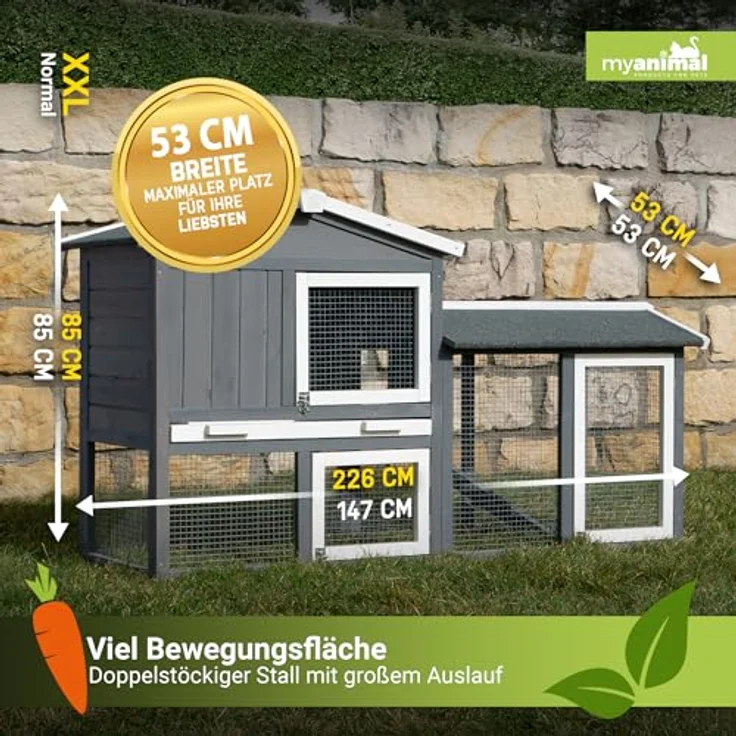Miweba MyAnimal Hasenstall MH-03, Kleintierkäfig aus imprägniertem Holz mit Freilaufgehege, wetterfest, grau/weiß – Bild 3