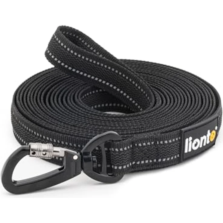 lionto Schleppleine für Hunde, 5 m, gummierte Leine mit Handschlaufe, 360° Metallkarabiner mit Sicherheitsverschluss, reflektierende, wetterfeste Nylonleine, schwarz – Bild 1
