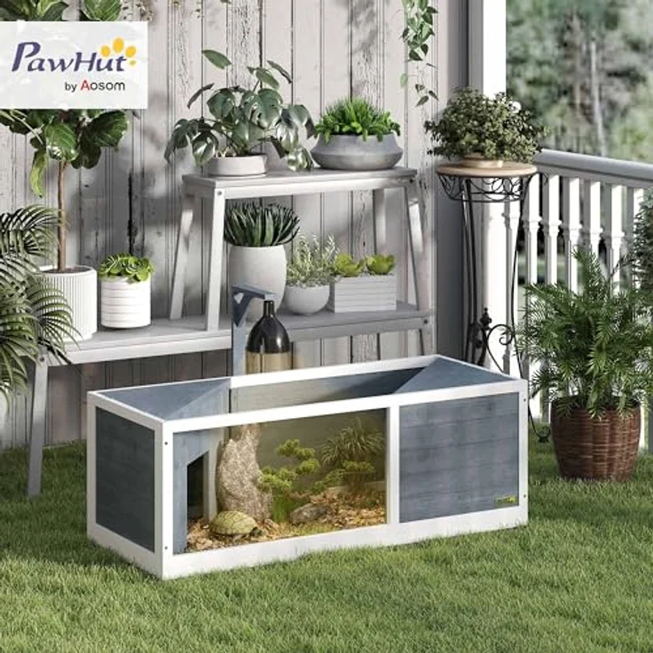 PawHut Schildkrötenhaus aus Holz, Schildkrötengehege mit zwei Haupthäusern, aufklappbarem Oberseite, Lichtständer und transparenter Frontplatte, 120 x 50 x 40 cm, Grau – Bild 2