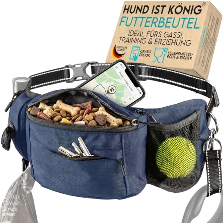 HUND IST KÖNIG Leckerlitasche für Hunde, praktische Bauchtasche mit Kotbeutelspender, Handyfach & Gurt für Flexileine, robust und funktional