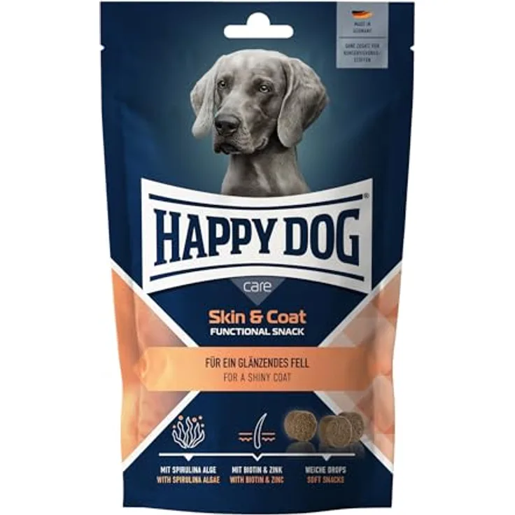 Happy Dog Care Snack Skin und Coat, Ergänzungsfuttermittel für ausgewachsene Hunde, 100g
