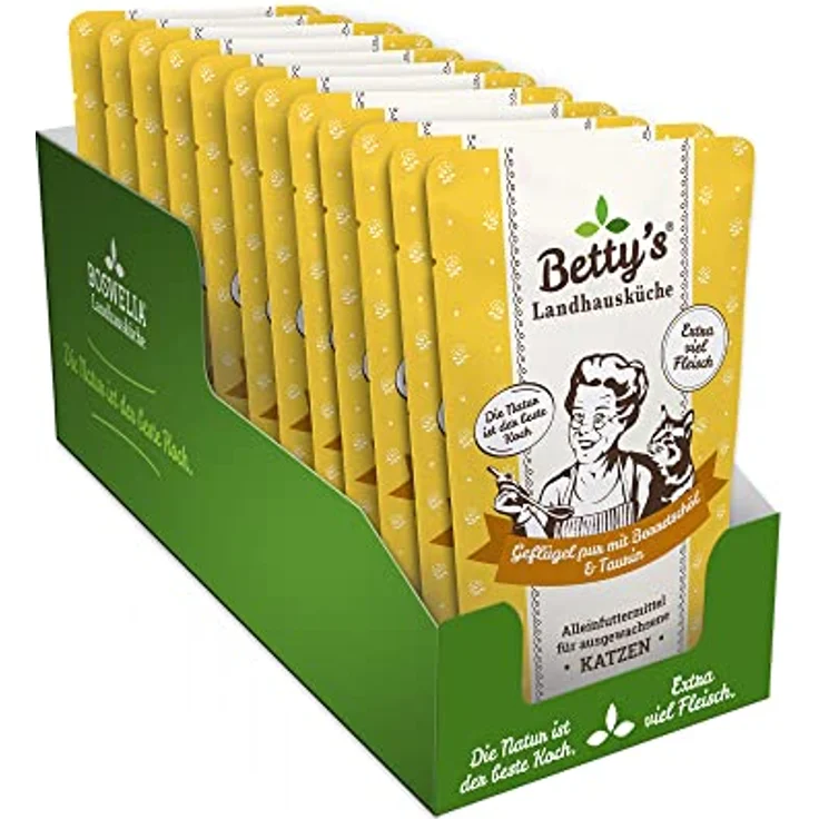 Boswelia Betty's Landhausküche Frischebeutel Pouches Nassfutter Katze, Geflügel PUR mit Borretschöl, 12 x 100 g, getreidefrei, schonend gegart, hohe Bioverfügbarkeit – Bild 1