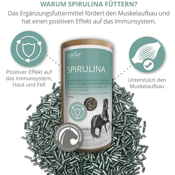 STRÖH Spirulina Pellets für Pferde, 1,3 kg, 100% pflanzliches Futter mit hohem Eiweißgehalt, unterstützt Muskelaufbau und Vitalität – Bild 3