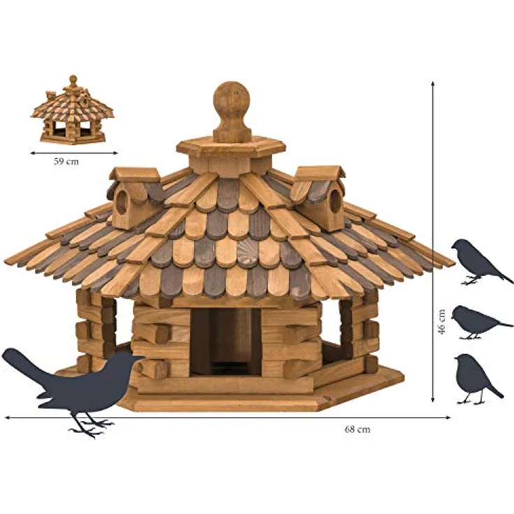 dobar 45310e Rustikales Vogelfutterhaus im Blockhaus-Stil mit dekorativem Holzschindeldach, Vogelhaus mit 6 Einfluglöchern, Kiefer, XXL, braun – Bild 4